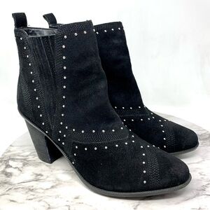 Fergie Dina Black Suede Studded Ankle Booties 10 Moto Edgy Bohemian Western Chic
